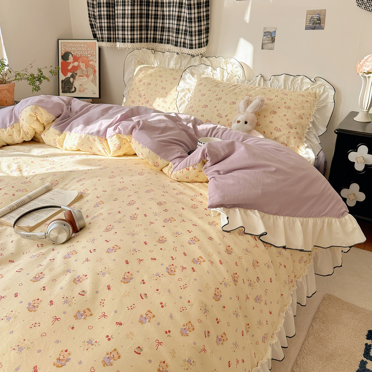 91家纺网 家纺一手货源 找家纺 沐芷 2026 【提供买家秀】公主风法式花边四件套A类古法水洗仿棉床上用品被套 花边梦境-友谊小熊