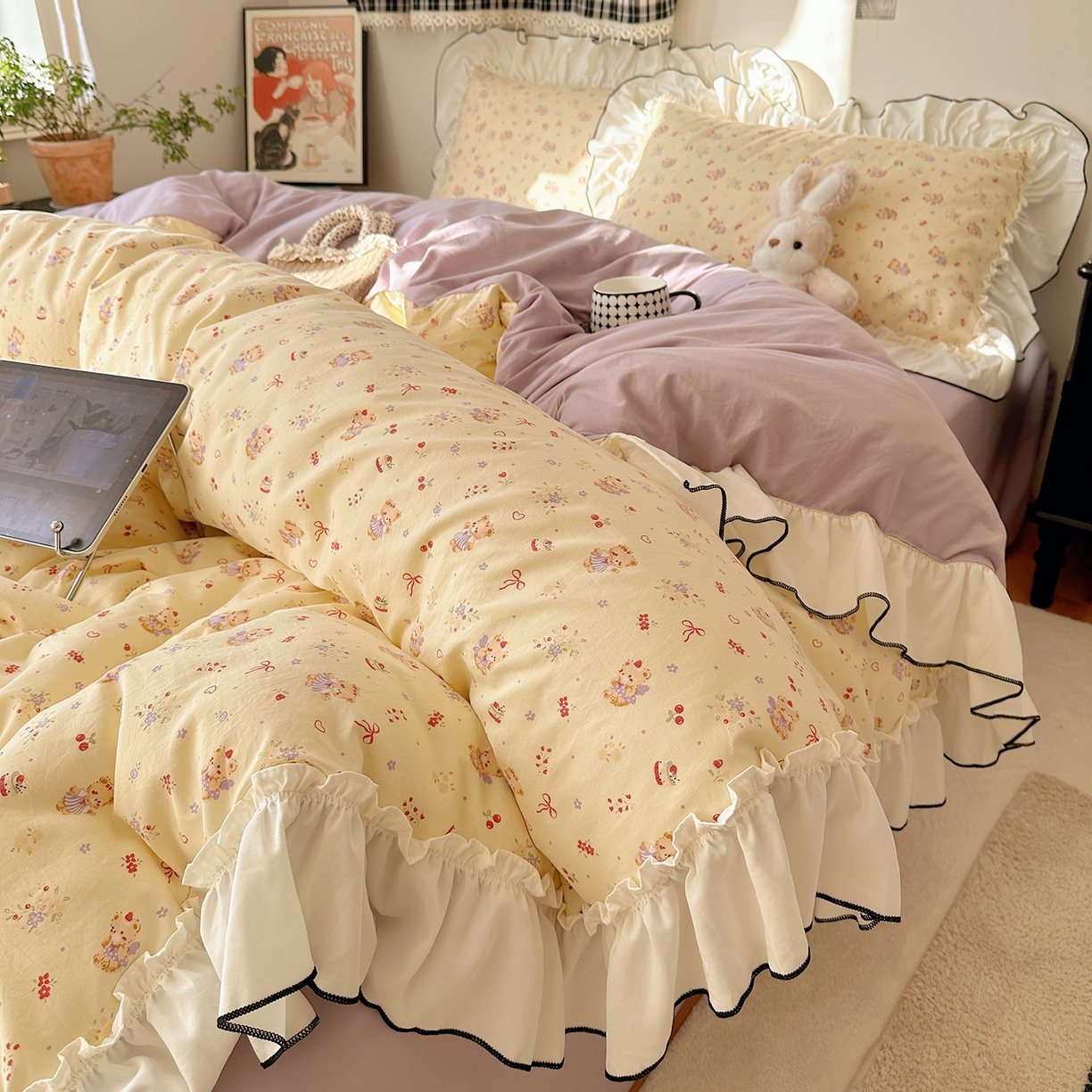 91家纺网 家纺一手货源 找家纺 沐芷 2026 【提供买家秀】公主风法式花边四件套A类古法水洗仿棉床上用品被套 花边梦境-友谊小熊