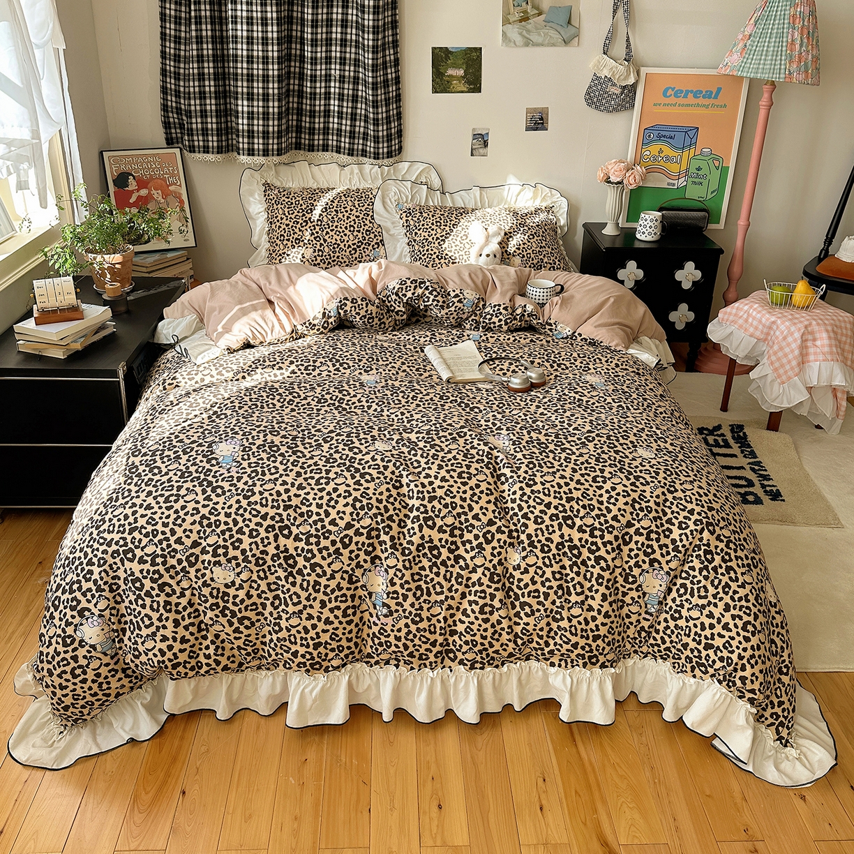 91家纺网 家纺一手货源 找家纺 沐芷 2026 【提供买家秀】公主风法式花边四件套A类古法水洗仿棉床上用品被套 花边梦境-豹纹喵喵