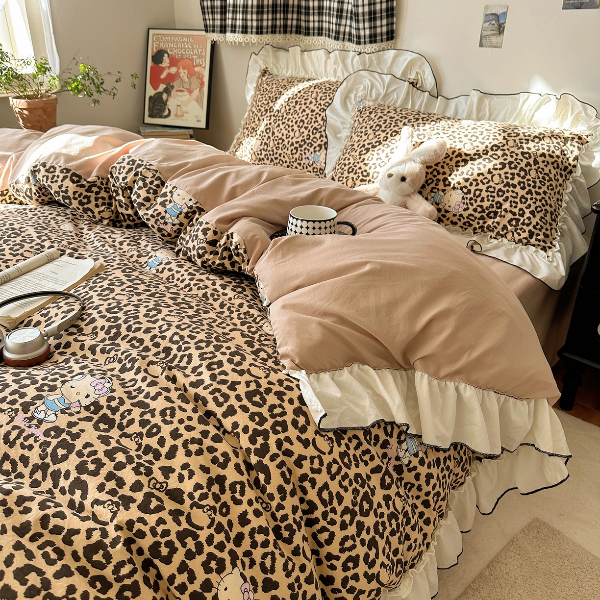 91家纺网 家纺一手货源 找家纺 沐芷 2026 【提供买家秀】公主风法式花边四件套A类古法水洗仿棉床上用品被套 花边梦境-豹纹喵喵