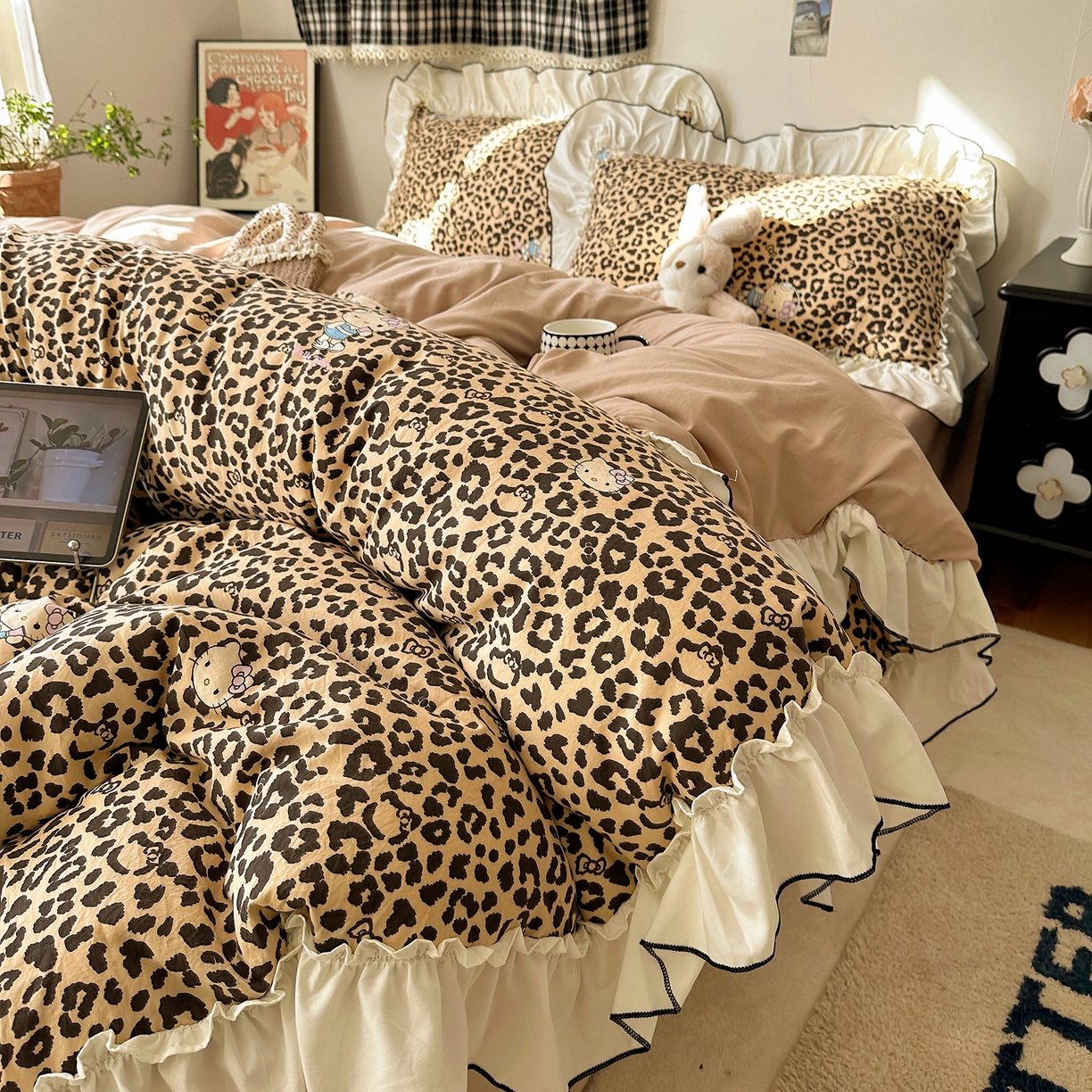 91家纺网 家纺一手货源 找家纺 沐芷 2026 【提供买家秀】公主风法式花边四件套A类古法水洗仿棉床上用品被套 花边梦境-豹纹喵喵