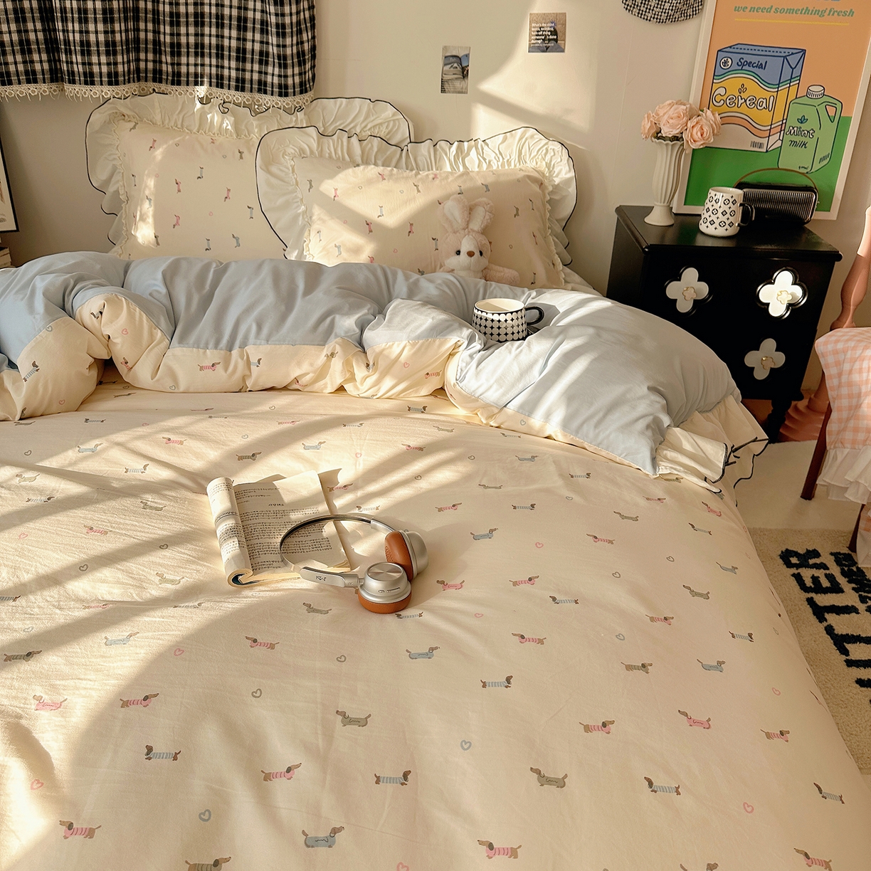 91家纺网 家纺一手货源 找家纺 沐芷 2026 【提供买家秀】公主风法式花边四件套A类古法水洗仿棉床上用品被套 花边梦境-爱心汪汪