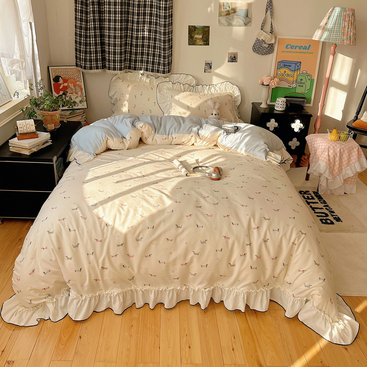 91家纺网 家纺一手货源 找家纺 沐芷 2026 【提供买家秀】公主风法式花边四件套A类古法水洗仿棉床上用品被套 花边梦境-爱心汪汪