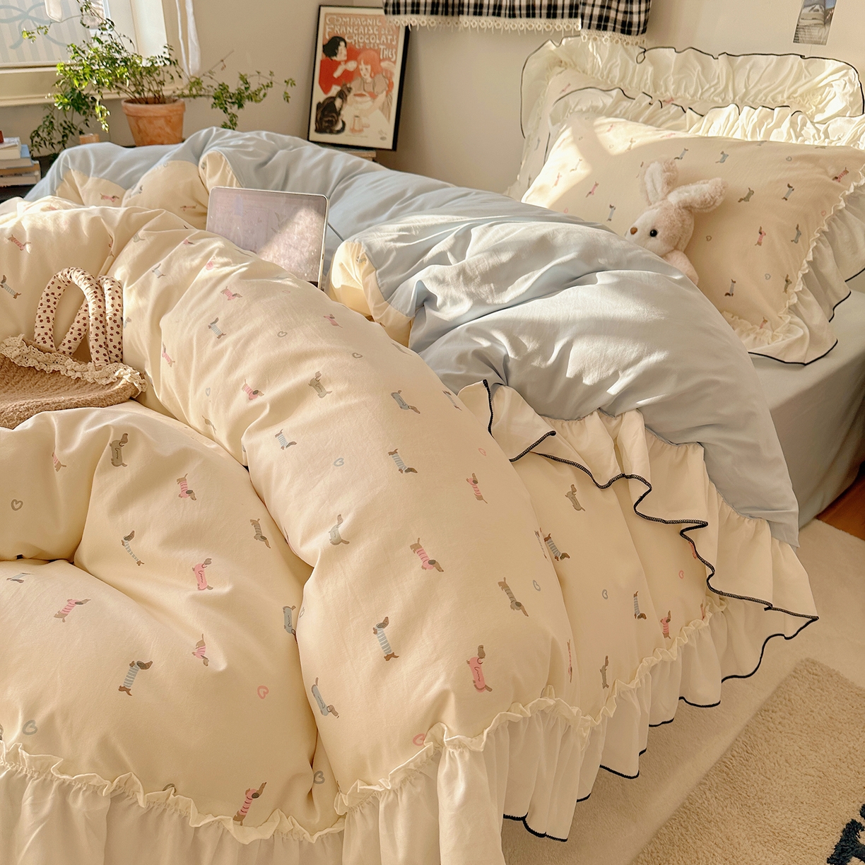 91家纺网 家纺一手货源 找家纺 沐芷 2026 【提供买家秀】公主风法式花边四件套A类古法水洗仿棉床上用品被套 花边梦境-爱心汪汪