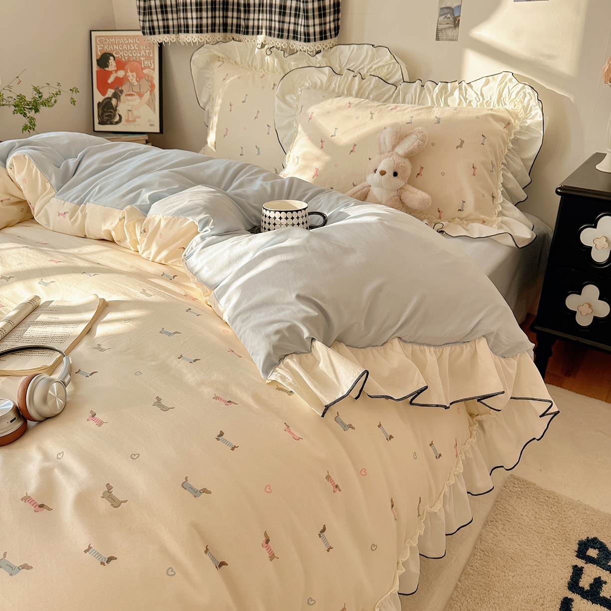 91家纺网 家纺一手货源 找家纺 沐芷 2026 【提供买家秀】公主风法式花边四件套A类古法水洗仿棉床上用品被套 花边梦境-爱心汪汪