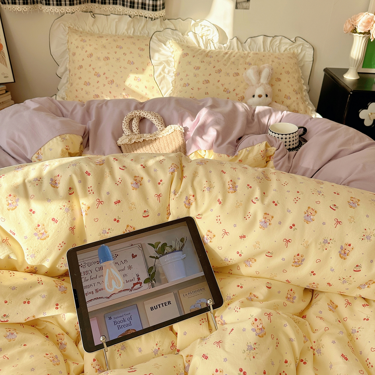 91家纺网 家纺一手货源 找家纺 沐芷 2026 【提供买家秀】公主风法式花边四件套A类古法水洗仿棉床上用品被套 花边梦境-友谊小熊