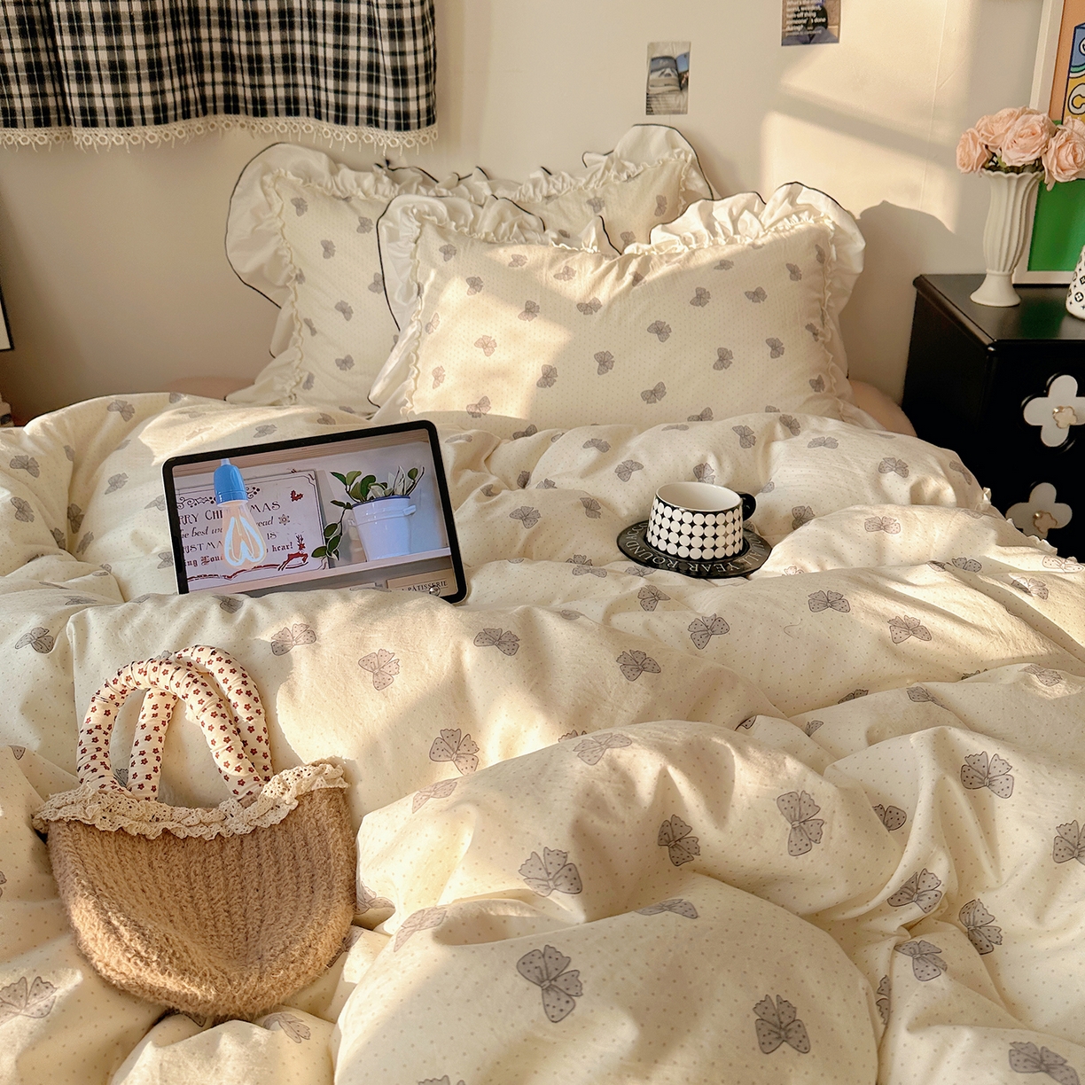 91家纺网 家纺一手货源 找家纺 沐芷 2026 【提供买家秀】公主风法式花边四件套A类古法水洗仿棉床上用品被套 花边梦境-波点蝴蝶结