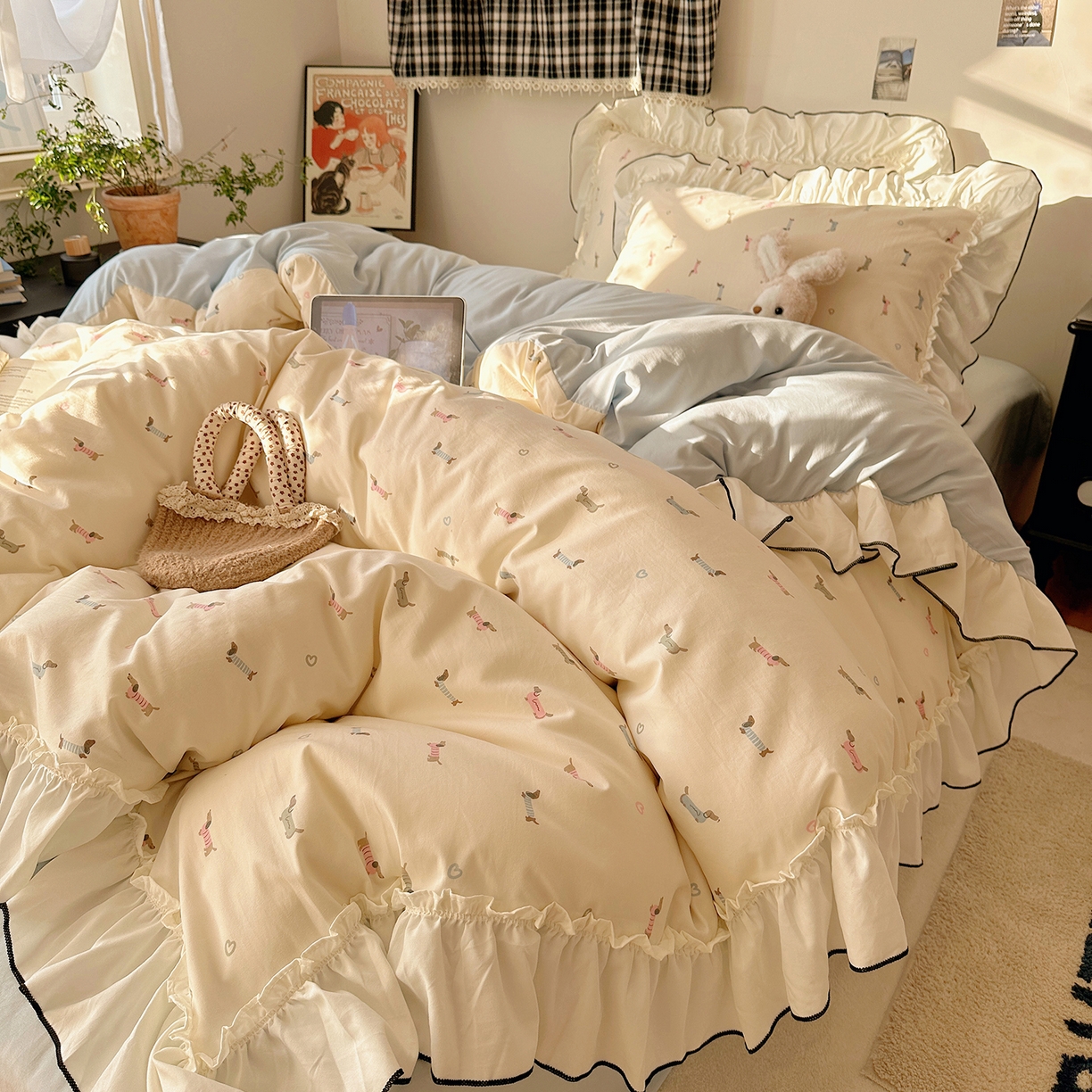 91家纺网 家纺一手货源 找家纺 沐芷 2026 【提供买家秀】公主风法式花边四件套A类古法水洗仿棉床上用品被套 花边梦境-爱心汪汪