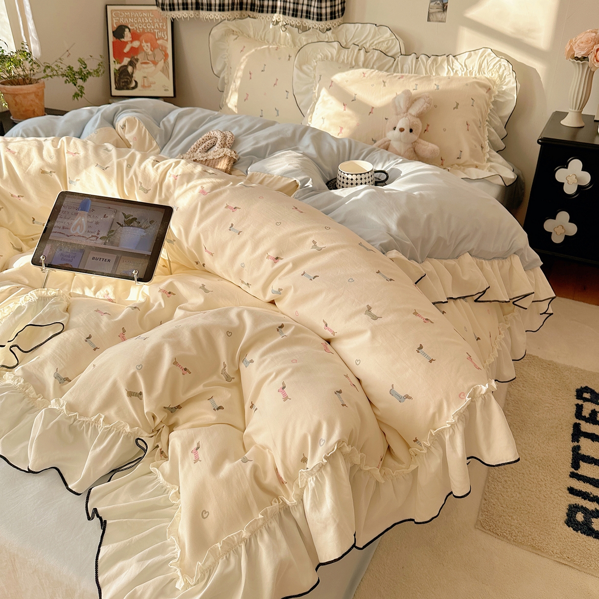 91家纺网 家纺一手货源 找家纺 沐芷 2026 【提供买家秀】公主风法式花边四件套A类古法水洗仿棉床上用品被套 花边梦境-爱心汪汪