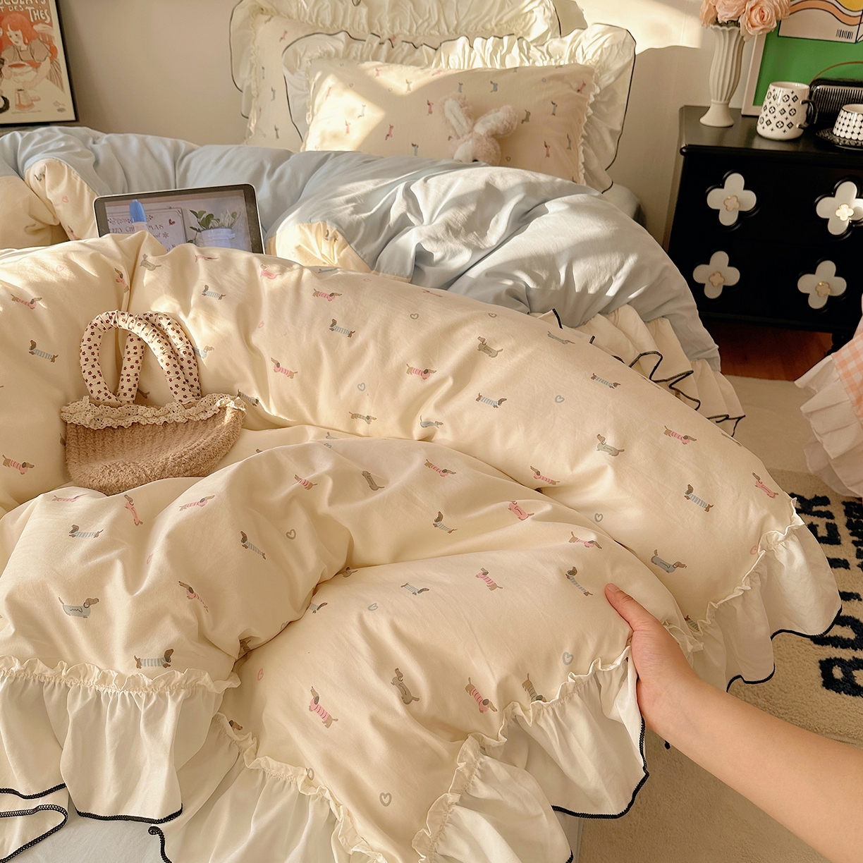 91家纺网 家纺一手货源 找家纺 沐芷 2026 【提供买家秀】公主风法式花边四件套A类古法水洗仿棉床上用品被套 花边梦境-爱心汪汪