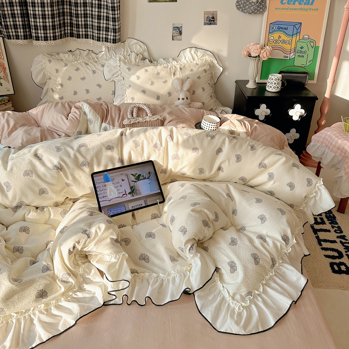 91家纺网 家纺一手货源 找家纺 沐芷 2026 【提供买家秀】公主风法式花边四件套A类古法水洗仿棉床上用品被套 花边梦境-波点蝴蝶结