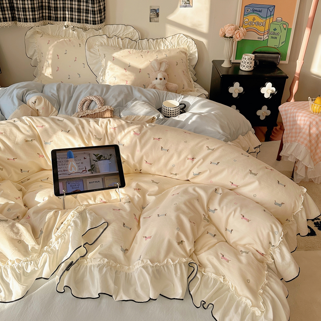 91家纺网 家纺一手货源 找家纺 沐芷 2026 【提供买家秀】公主风法式花边四件套A类古法水洗仿棉床上用品被套 花边梦境-爱心汪汪