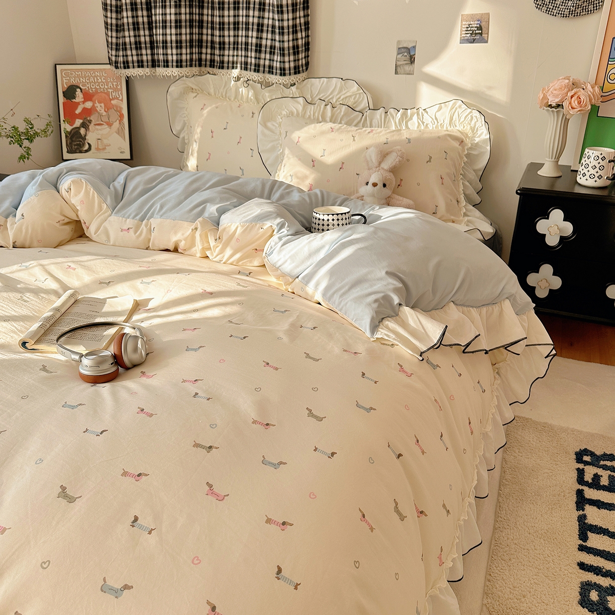 91家纺网 家纺一手货源 找家纺 沐芷 2026 【提供买家秀】公主风法式花边四件套A类古法水洗仿棉床上用品被套 花边梦境-爱心汪汪