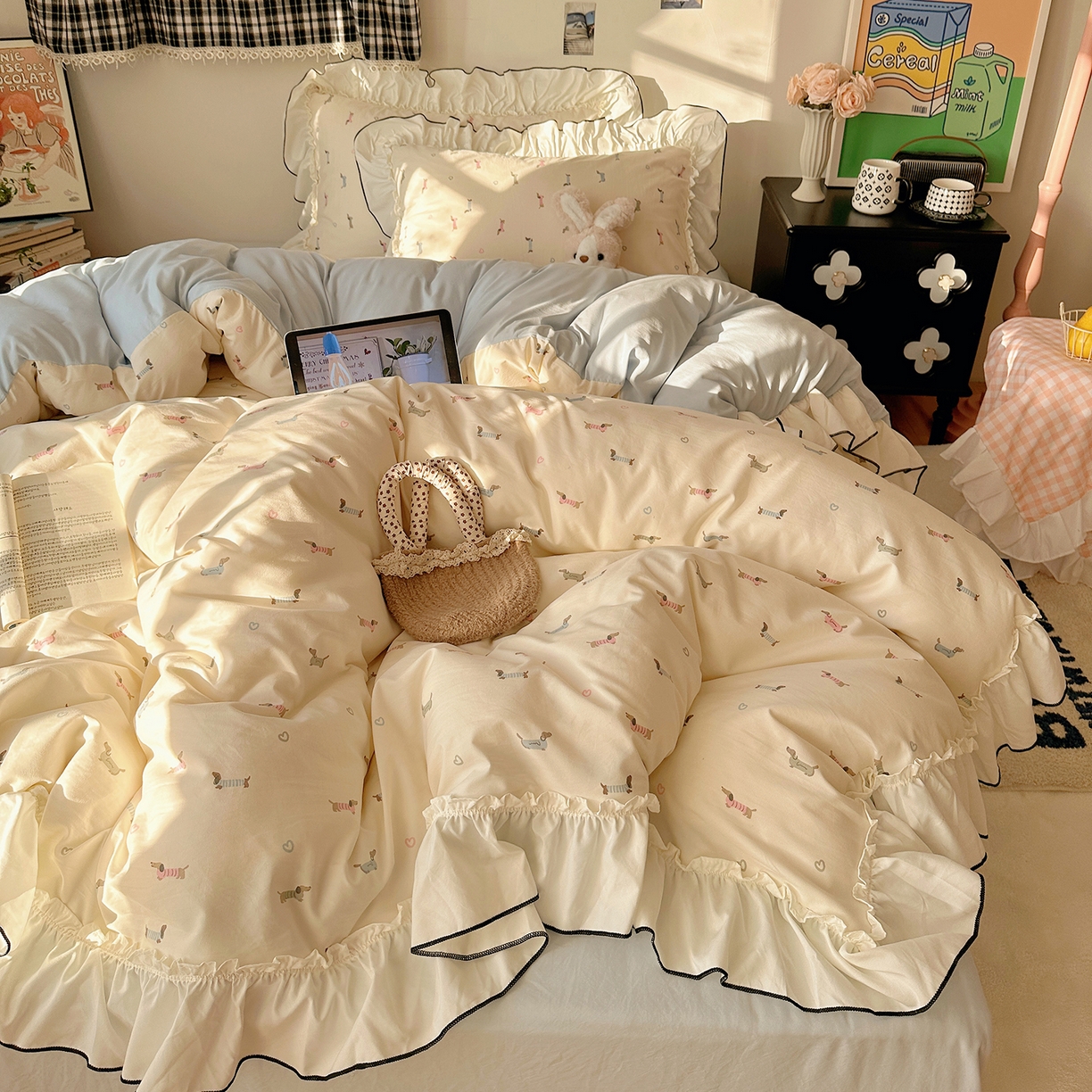 91家纺网 家纺一手货源 找家纺 沐芷 2026 【提供买家秀】公主风法式花边四件套A类古法水洗仿棉床上用品被套 花边梦境-爱心汪汪