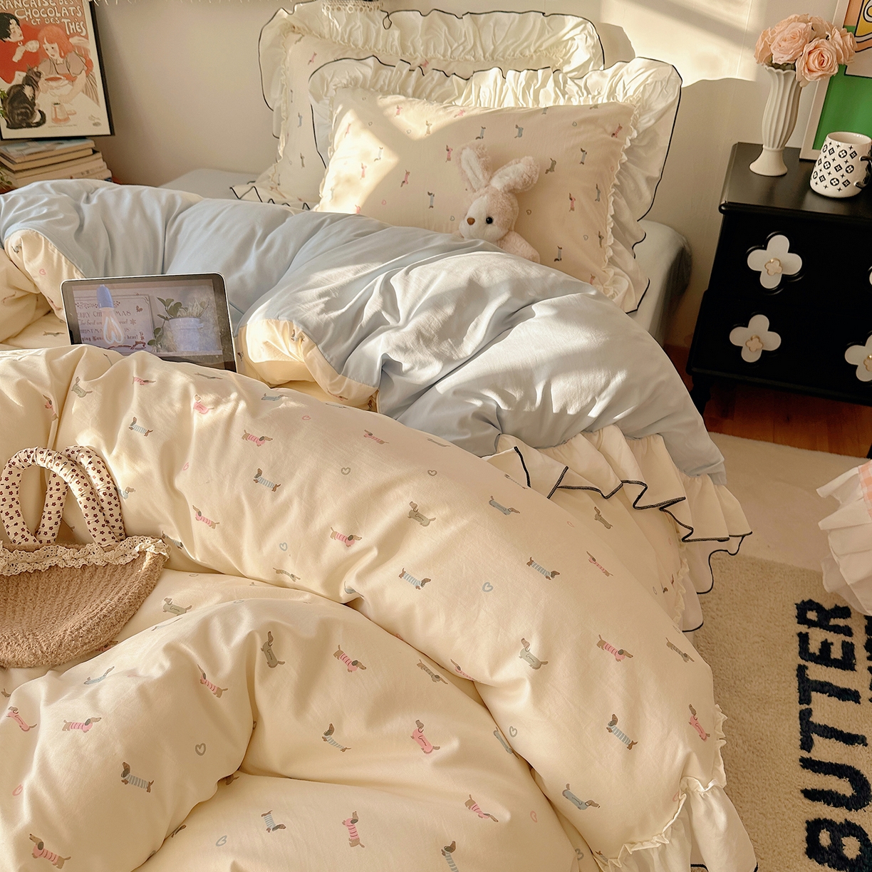 91家纺网 家纺一手货源 找家纺 沐芷 2026 【提供买家秀】公主风法式花边四件套A类古法水洗仿棉床上用品被套 花边梦境-爱心汪汪