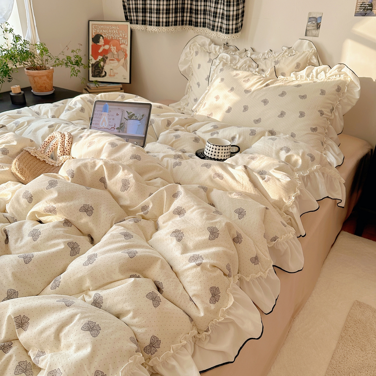 91家纺网 家纺一手货源 找家纺 沐芷 2026 【提供买家秀】公主风法式花边四件套A类古法水洗仿棉床上用品被套 花边梦境-波点蝴蝶结