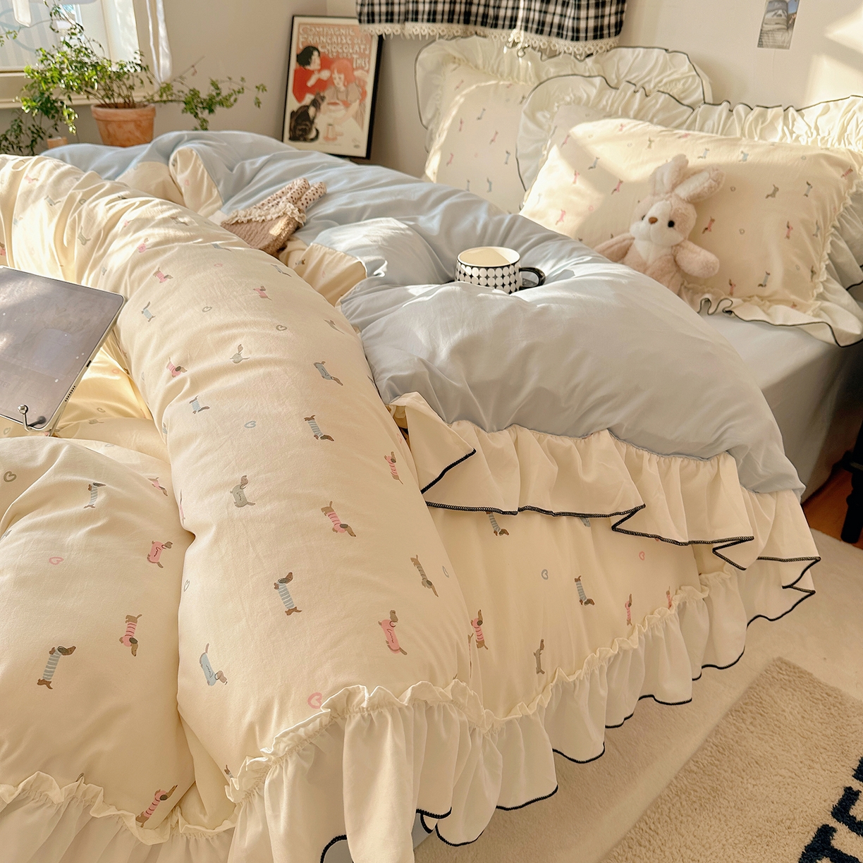 91家纺网 家纺一手货源 找家纺 沐芷 2026 【提供买家秀】公主风法式花边四件套A类古法水洗仿棉床上用品被套 花边梦境-爱心汪汪