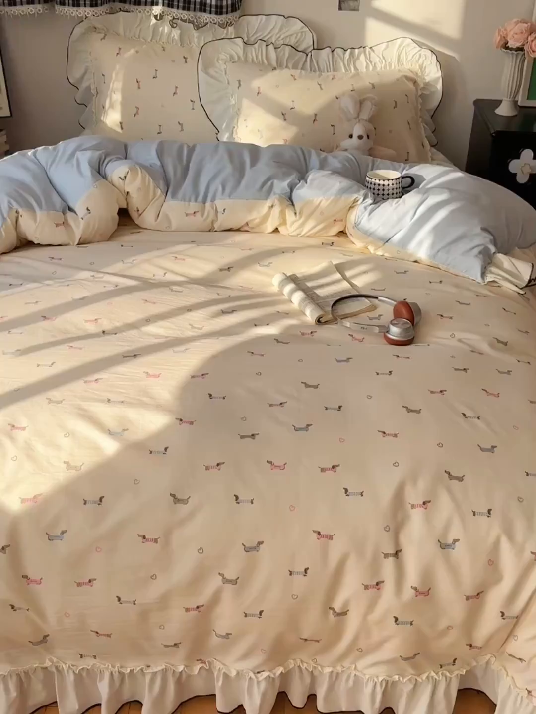 91家纺网 家纺一手货源 找家纺 沐芷 2026 【提供买家秀】公主风法式花边四件套A类古法水洗仿棉床上用品被套 花边梦境-爱心汪汪