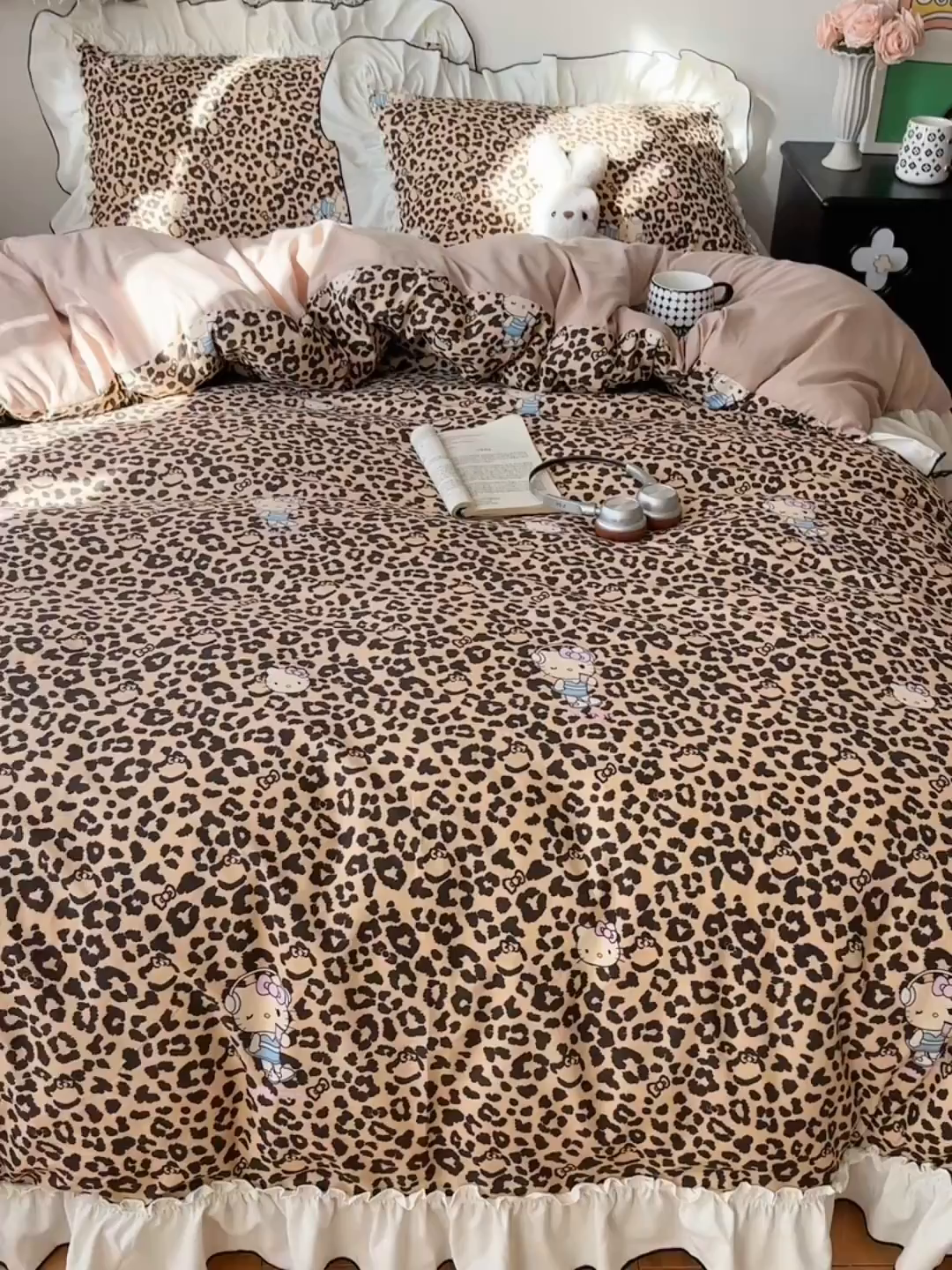 91家纺网 家纺一手货源 找家纺 沐芷 2026 【提供买家秀】公主风法式花边四件套A类古法水洗仿棉床上用品被套 花边梦境-豹纹喵喵