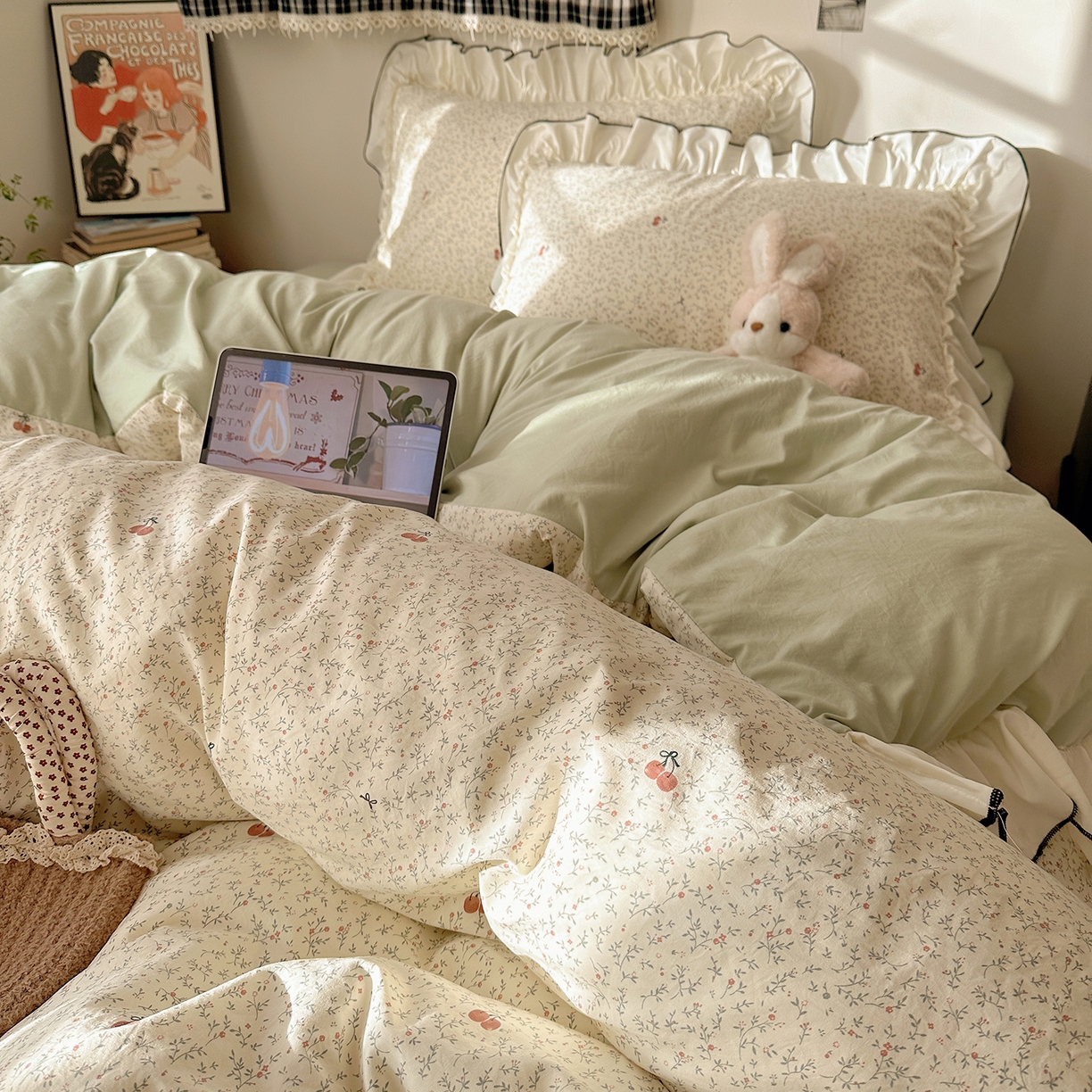 91家纺网 家纺一手货源 找家纺 沐芷 2026 【提供买家秀】公主风法式花边四件套A类古法水洗仿棉床上用品被套 花边梦境-樱桃故事