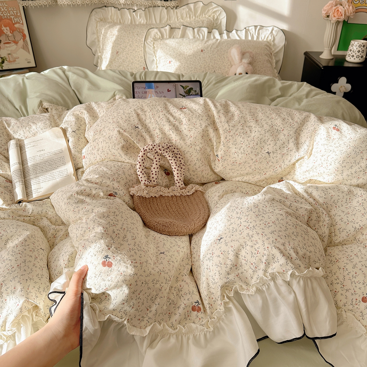 沐芷 2026 【提供买家秀】公主风法式花边四件套A类古法水洗仿棉床上用品被套 花边梦境-樱桃故事