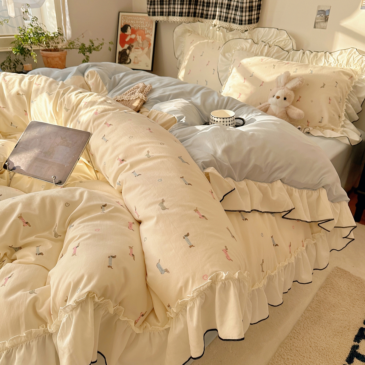 91家纺网 家纺一手货源 找家纺 沐芷 2026 【提供买家秀】公主风法式花边四件套A类古法水洗仿棉床上用品被套 花边梦境-爱心汪汪