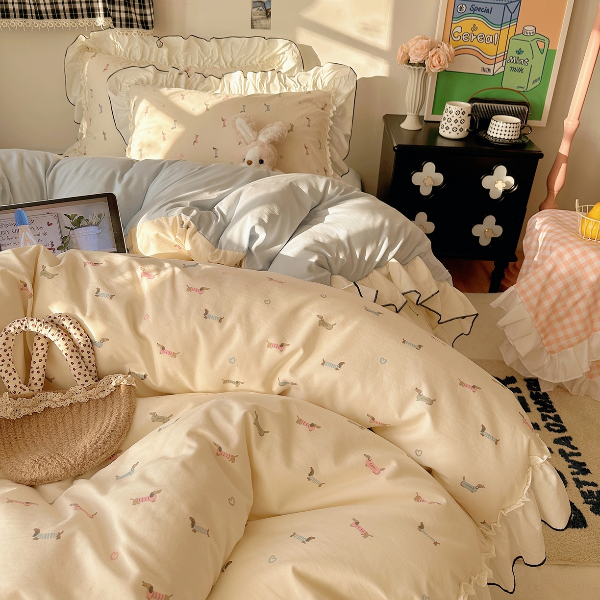 91家纺网 家纺一手货源 找家纺 沐芷 2026 【提供买家秀】公主风法式花边四件套A类古法水洗仿棉床上用品被套 花边梦境-爱心汪汪