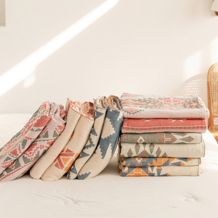 91家纺网 家纺一手货源 找家纺 （总）朴尔家纺-毛巾被 2026新款波西米亚风全棉四层纱布毛巾被-朴尔经典款常年备货