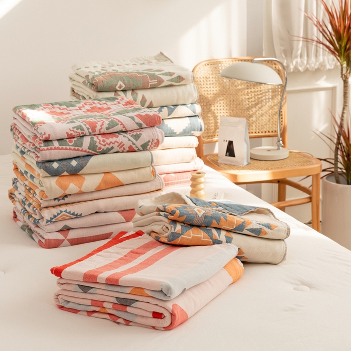 91家纺网 家纺一手货源 找家纺 （总）朴尔家纺-毛巾被 2026新款波西米亚风全棉四层纱布毛巾被-朴尔经典款常年备货