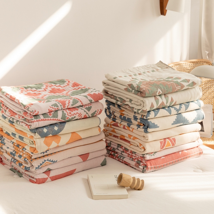 91家纺网 家纺一手货源 找家纺 （总）朴尔家纺-毛巾被 2026新款波西米亚风全棉四层纱布毛巾被-朴尔经典款常年备货