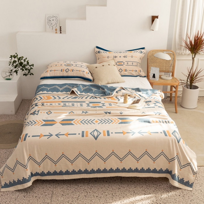 91家纺网 家纺一手货源 找家纺 朴尔家纺-毛巾被 2026新款波西米亚风全棉四层纱布毛巾被-朴尔经典款常年备货 小资情调-蓝