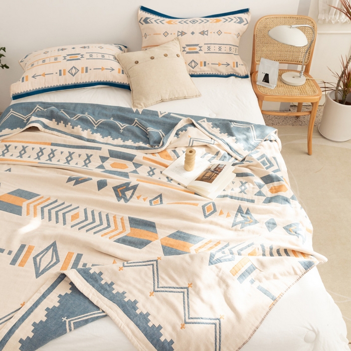 91家纺网 家纺一手货源 找家纺 朴尔家纺-毛巾被 2026新款波西米亚风全棉四层纱布毛巾被-朴尔经典款常年备货 小资情调-蓝