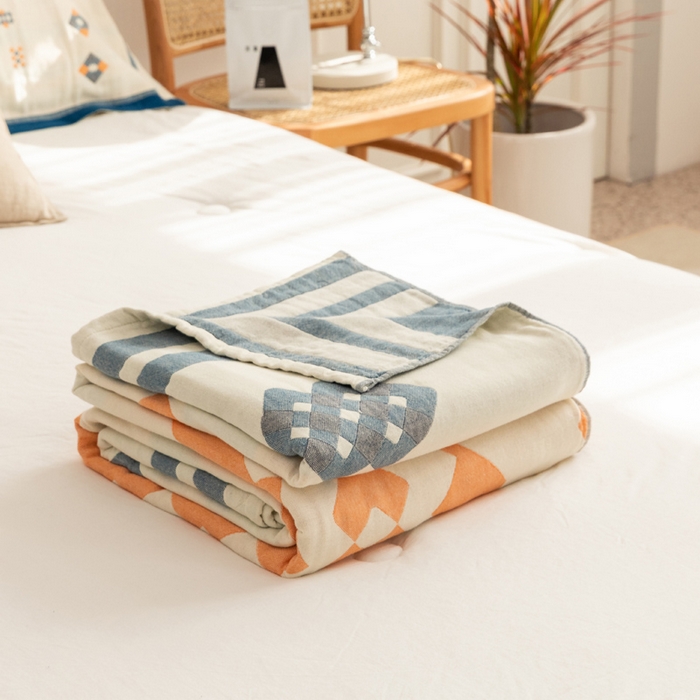 朴尔家纺-毛巾被 2026新款波西米亚风全棉四层纱布毛巾被-朴尔经典款常年备货 爱丁堡-蓝