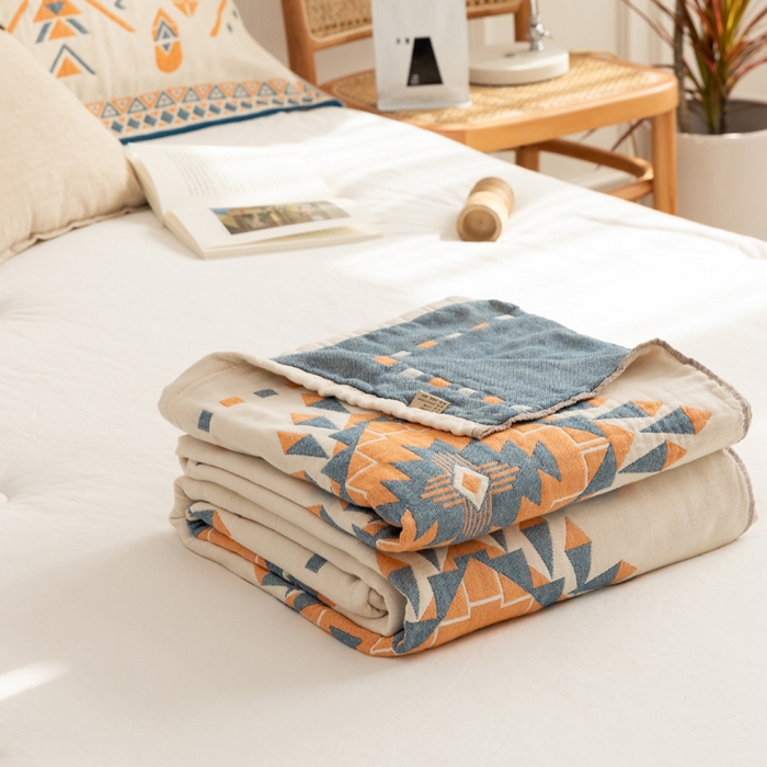 朴尔家纺-毛巾被 2026新款波西米亚风全棉四层纱布毛巾被-朴尔经典款常年备货 罗马假日-蓝