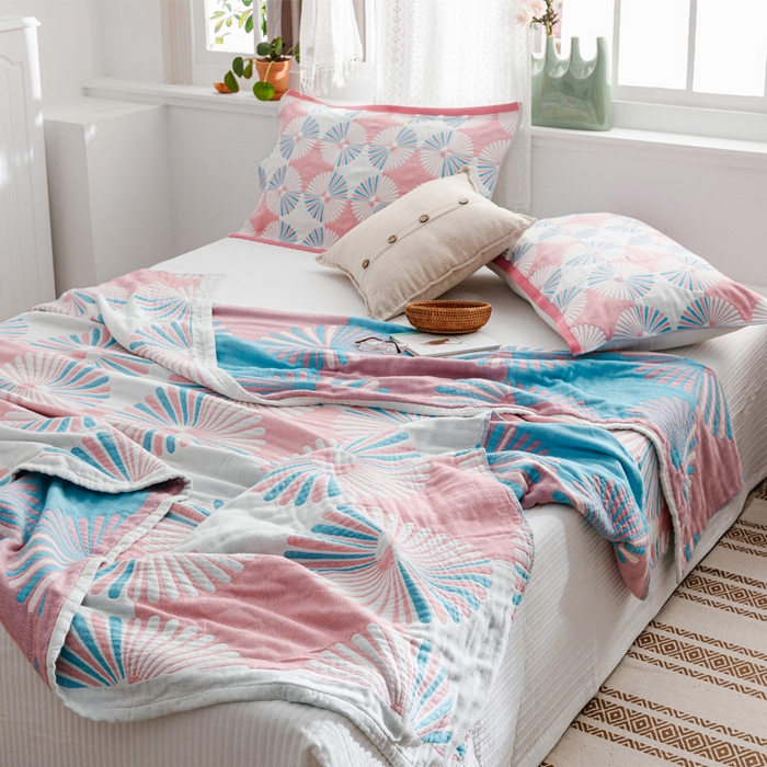 91家纺网 家纺一手货源 找家纺 朴尔家纺-毛巾被 2026新款波西米亚风全棉四层纱布毛巾被-朴尔经典款常年备货 布尔乔亚-粉