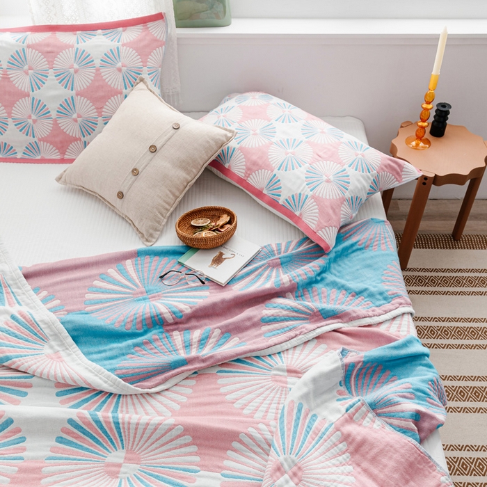 91家纺网 家纺一手货源 找家纺 朴尔家纺-毛巾被 2026新款波西米亚风全棉四层纱布毛巾被-朴尔经典款常年备货 布尔乔亚-粉