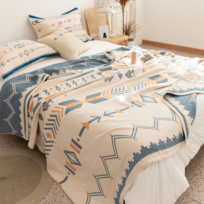 91家纺网 家纺一手货源 找家纺 朴尔家纺-毛巾被 2026新款波西米亚风全棉四层纱布毛巾被-朴尔经典款常年备货 小资情调-蓝