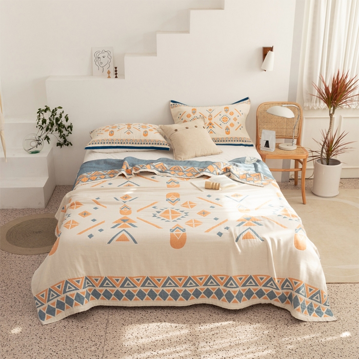 91家纺网 家纺一手货源 找家纺 朴尔家纺-毛巾被 2026新款波西米亚风全棉四层纱布毛巾被-朴尔经典款常年备货 克莱德-蓝