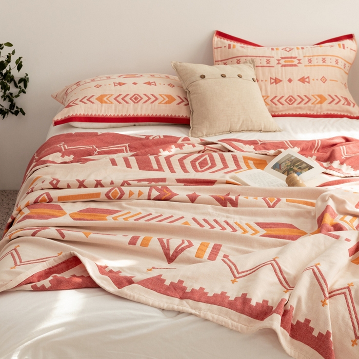 91家纺网 家纺一手货源 找家纺 朴尔家纺-毛巾被 2026新款波西米亚风全棉四层纱布毛巾被-朴尔经典款常年备货 小资情调-红