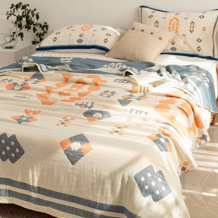 91家纺网 家纺一手货源 找家纺 朴尔家纺-毛巾被 2026新款波西米亚风全棉四层纱布毛巾被-朴尔经典款常年备货 爱丁堡-蓝