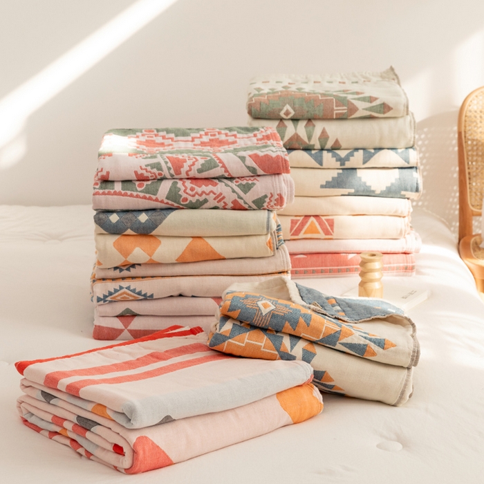 91家纺网 家纺一手货源 找家纺 朴尔家纺-毛巾被 2026新款波西米亚风全棉四层纱布毛巾被-朴尔经典款常年备货 组合图仅供展示