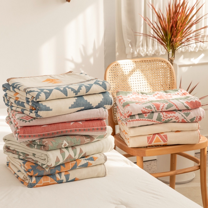 91家纺网 家纺一手货源 找家纺 朴尔家纺-毛巾被 2026新款波西米亚风全棉四层纱布毛巾被-朴尔经典款常年备货 组合图仅供展示