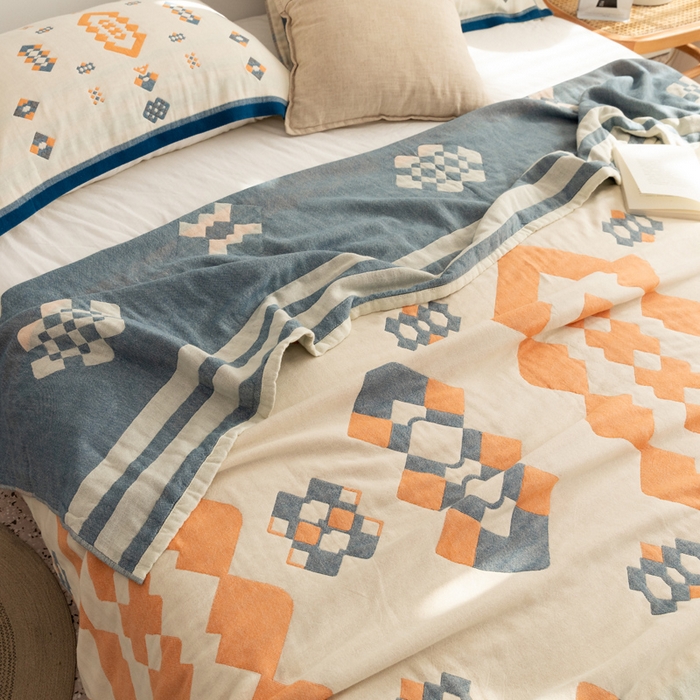 91家纺网 家纺一手货源 找家纺 朴尔家纺-毛巾被 2026新款波西米亚风全棉四层纱布毛巾被-朴尔经典款常年备货 爱丁堡-蓝