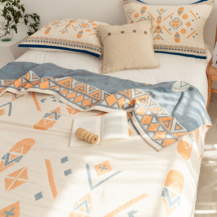 91家纺网 家纺一手货源 找家纺 朴尔家纺-毛巾被 2026新款波西米亚风全棉四层纱布毛巾被-朴尔经典款常年备货 克莱德-蓝