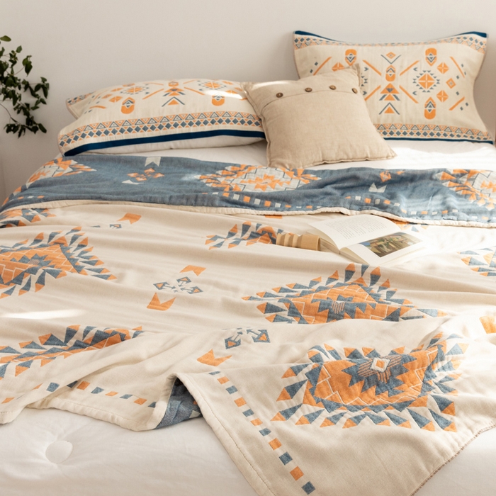 91家纺网 家纺一手货源 找家纺 朴尔家纺-毛巾被 2026新款波西米亚风全棉四层纱布毛巾被-朴尔经典款常年备货 罗马假日-蓝