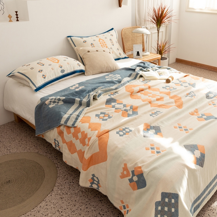 91家纺网 家纺一手货源 找家纺 朴尔家纺-毛巾被 2026新款波西米亚风全棉四层纱布毛巾被-朴尔经典款常年备货 爱丁堡-蓝