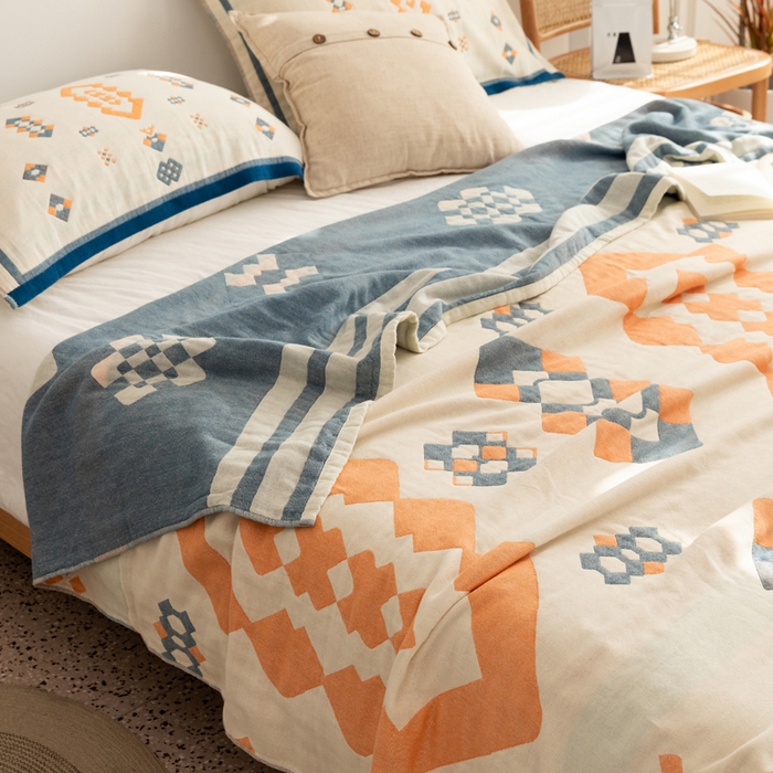 91家纺网 家纺一手货源 找家纺 朴尔家纺-毛巾被 2026新款波西米亚风全棉四层纱布毛巾被-朴尔经典款常年备货 爱丁堡-蓝