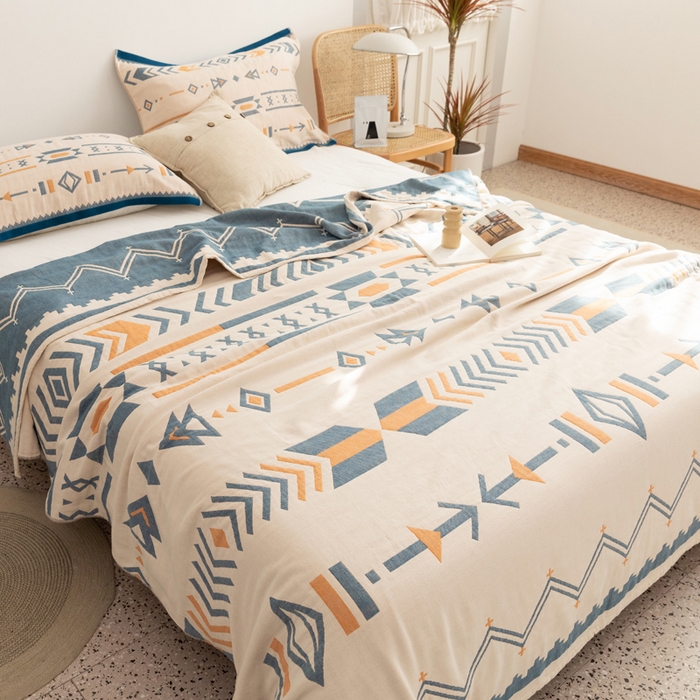 91家纺网 家纺一手货源 找家纺 朴尔家纺-毛巾被 2026新款波西米亚风全棉四层纱布毛巾被-朴尔经典款常年备货 小资情调-蓝