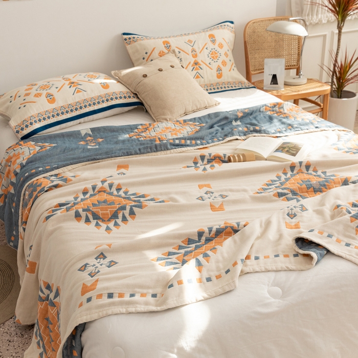 91家纺网 家纺一手货源 找家纺 朴尔家纺-毛巾被 2026新款波西米亚风全棉四层纱布毛巾被-朴尔经典款常年备货 罗马假日-蓝