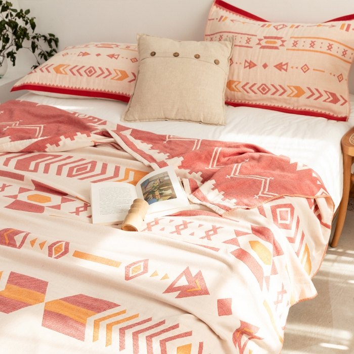 91家纺网 家纺一手货源 找家纺 朴尔家纺-毛巾被 2026新款波西米亚风全棉四层纱布毛巾被-朴尔经典款常年备货 小资情调-红